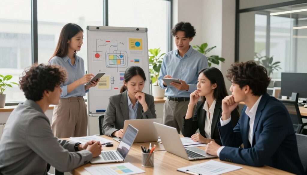 A vibrant office scene illustrating positive stress in the workplace. In the foreground, a diverse group of professionals in smart business attire engages in a spirited brainstorming session; their expressions reflect enthusiasm and focus. In the middle ground, a whiteboard filled with colorful diagrams and ideas adds energy to the atmosphere. Soft, natural light streams through large windows, creating a warm and inviting ambiance, highlighting the collaborative spirit. The background features potted plants and contemporary office furniture, adding a touch of modernity. The image captures a sense of motivation and teamwork, emphasizing the benefits of eustress in achieving goals and fostering productivity. The overall mood is uplifting and dynamic, reflecting positivity and collaboration. A vibrant office scene illustrating positive stress in the workplace. In the foreground, a diverse group of professionals in smart business attire engages in a spirited brainstorming session; their expressions reflect enthusiasm and focus. In the middle ground, a whiteboard filled with colorful diagrams and ideas adds energy to the atmosphere. Soft, natural light streams through large windows, creating a warm and inviting ambiance, highlighting the collaborative spirit. The background features potted plants and contemporary office furniture, adding a touch of modernity. The image captures a sense of motivation and teamwork, emphasizing the benefits of eustress in achieving goals and fostering productivity. The overall mood is uplifting and dynamic, reflecting positivity and collaboration.