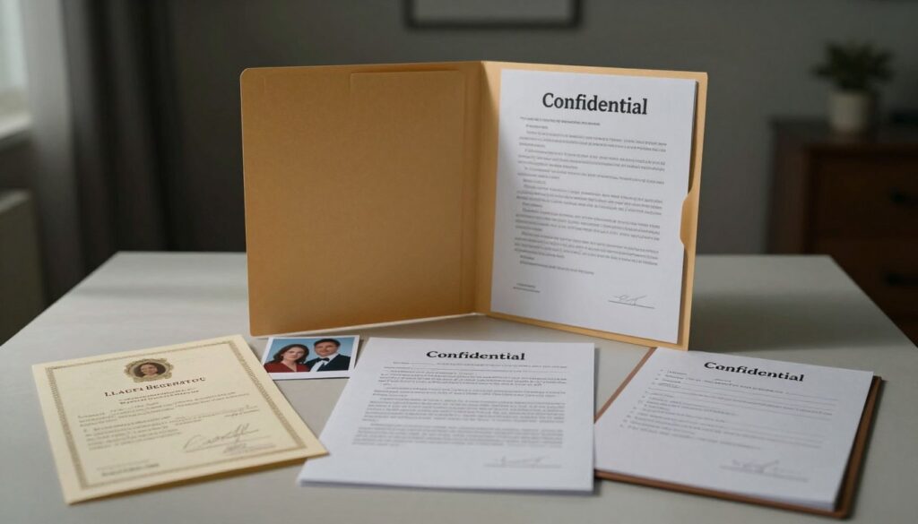 A visually compelling scene illustrating the theme of relationship breakdown and infidelity evidence. In the foreground, a neatly arranged table displays various documents: marriage certificates, photographs of couples, and handwritten notes, symbolizing trust and betrayal. The middle ground features a partially open folder marked with a bold “Confidential” label, revealing glimpses of legal papers and messages, highlighting the tension of the situation. In the background, a dimly lit room with shadows on the walls conveys a sense of secrecy and emotional turmoil. Soft, dramatic lighting casts a somber hue over the scene, emphasizing the weight of the subject matter. The overall mood is tense yet thoughtful, reflecting the complexities of relationships under scrutiny. A visually compelling scene illustrating the theme of relationship breakdown and infidelity evidence. In the foreground, a neatly arranged table displays various documents: marriage certificates, photographs of couples, and handwritten notes, symbolizing trust and betrayal. The middle ground features a partially open folder marked with a bold “Confidential” label, revealing glimpses of legal papers and messages, highlighting the tension of the situation. In the background, a dimly lit room with shadows on the walls conveys a sense of secrecy and emotional turmoil. Soft, dramatic lighting casts a somber hue over the scene, emphasizing the weight of the subject matter. The overall mood is tense yet thoughtful, reflecting the complexities of relationships under scrutiny.