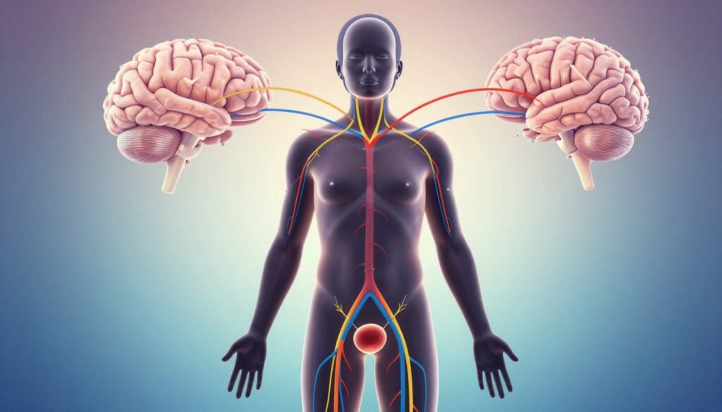A visually engaging illustration focusing on the physiological aspects of arousal influenced by stress, depicted in a conceptual manner. In the foreground, a stylized human silhouette representing the body, with highlighted neural and blood flow pathways around the genital region, showcasing the mechanisms of erection in a scientific manner. The middle ground features abstract representations of the brain and nervous system, interconnected by vibrant lines symbolizing communication and tension. The background contains a calming gradient of cool colors to evoke a sense of tranquility, with soft, diffused lighting to enhance the mood of understanding and exploration. The overall atmosphere should be informative and serene, emphasizing the complexity of the body under stress while remaining professional and appropriate.
