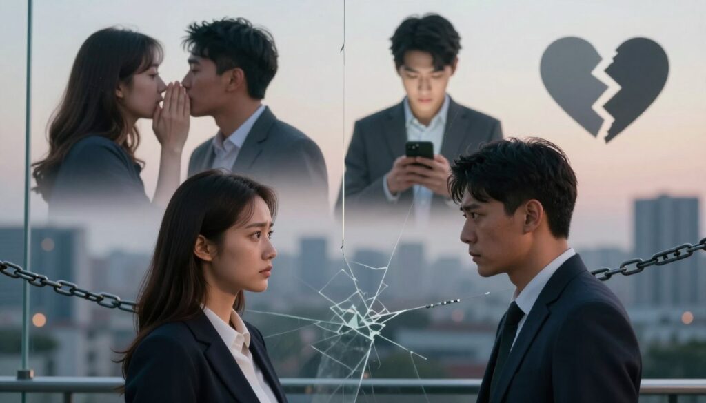 A visually striking composition portraying different types of betrayal, highlighting the emotional weight carried in relationships. In the foreground, two individuals in professional attire, a woman with a contemplative expression and a man with a concerned gaze, face each other, surrounded by symbolic representations of trust and boundaries, such as fragile glass walls and chains. The middle ground features diverse scenes representing various betrayals: a friend whispering secrets, a partner glancing at a phone, and an empty space showing a broken heart. In the background, soft, diffused lighting creates an atmosphere of introspection and tension, with blurred outlines of a calm cityscape at dusk. Use a shallow depth of field to enhance clarity on the foreground subjects, evoking a sense of seriousness and contemplation.