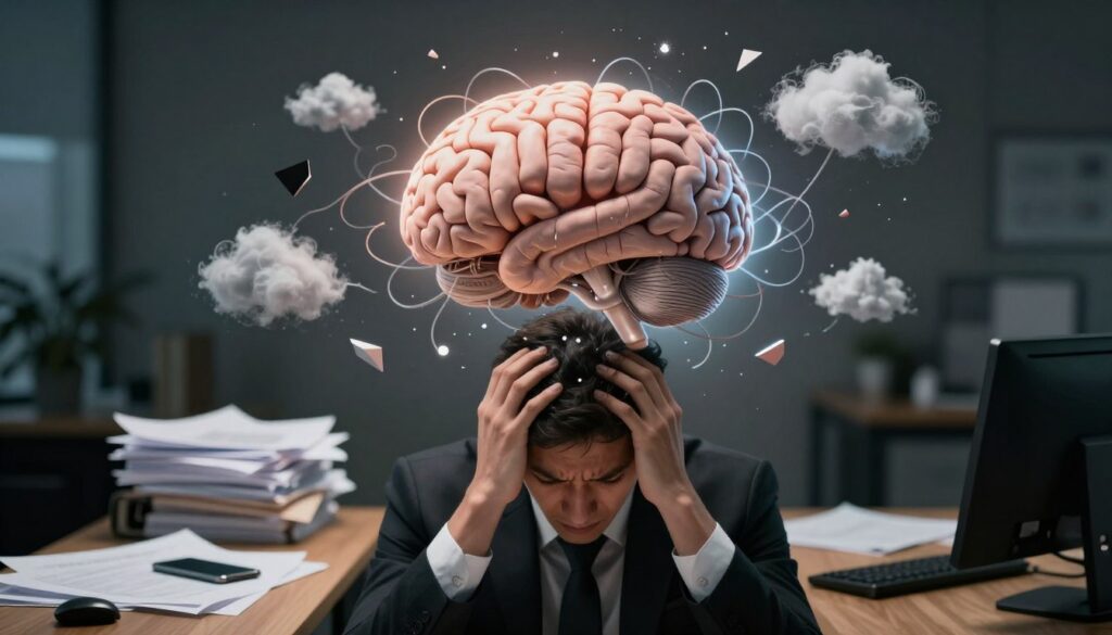 A visually striking representation of "stress symptoms in the brain," showcasing a human brain surrounded by chaotic elements symbolizing stress: swirling clouds, tangled wires, and fragmented thoughts. In the foreground, a professional individual, dressed in business attire, displays a troubled expression, holding their head in frustration. The middle ground features blurred images of a work desk cluttered with paperwork and a smartphone, emphasizing a stressful environment. In the background, muted tones of an office space fade into darkness, representing the emotional weight of stress. The lighting is dramatic, with a focused beam illuminating the brain, casting shadows to enhance the feeling of anxiety. The overall mood is tense and thought-provoking, highlighting the impact of stress on mental health and cognition. A visually striking representation of "stress symptoms in the brain," showcasing a human brain surrounded by chaotic elements symbolizing stress: swirling clouds, tangled wires, and fragmented thoughts. In the foreground, a professional individual, dressed in business attire, displays a troubled expression, holding their head in frustration. The middle ground features blurred images of a work desk cluttered with paperwork and a smartphone, emphasizing a stressful environment. In the background, muted tones of an office space fade into darkness, representing the emotional weight of stress. The lighting is dramatic, with a focused beam illuminating the brain, casting shadows to enhance the feeling of anxiety. The overall mood is tense and thought-provoking, highlighting the impact of stress on mental health and cognition.