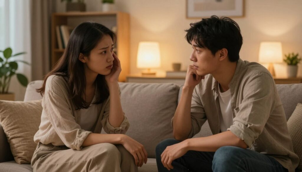 A warm and inviting scene depicting a couple engaged in a heartfelt conversation about intimacy and stress. In the foreground, the couple sits on a comfortable couch, dressed in casual but modest clothing, expressing empathy and understanding through their body language. The middle ground features a softly glowing lamp, casting a gentle light that enhances the intimate atmosphere. In the background, a cozy home setting with books and plants creates a sense of openness and comfort. The lighting is warm and intimate, suggesting a safe space for dialogue. The mood is supportive and calming, encouraging communication and emotional connection. Use a slightly blurred background to focus on the couple while maintaining a peaceful environment.