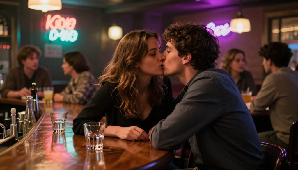 A warm, inviting scene set in a cozy, dimly-lit bar interior, featuring two individuals engaged in a friendly yet intimate gesture that captures the essence of a 'drunken kiss.' The foreground highlights a couple leaning towards each other, both dressed in smart casual attire, with subtle expressions of surprise and affection. The middle layer includes a polished wooden bar, scattered with half-full glasses and a glowing neon sign that adds a colorful ambiance. In the background, other patrons can be seen enjoying their drinks, but are slightly blurred to maintain focus on the couple. The lighting is soft and romantic, casting gentle shadows and lending a dreamy quality to the atmosphere, evoking feelings of warmth, camaraderie, and the complexities of relationships.