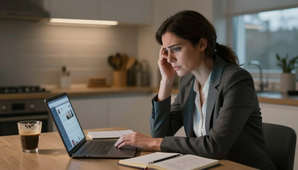 A woman in professional attire sits at a kitchen table, deep in thought with a concerned expression on her face, her hands resting on a laptop screen showing a social media profile. On the desk, a half-empty cup of coffee and an open notebook with scattered notes reflect her turmoil. In the background, soft, warm lighting creates a cozy yet tense atmosphere, emphasizing her uncertainty. A subtly blurred window reveals a gloomy day outside, hinting at emotional distress. The perspective captures the woman from a slightly elevated angle, bringing focus to her introspective demeanor while maintaining a calm and professional air. The overall mood should convey a sense of contemplation and unease without being overly dramatic.