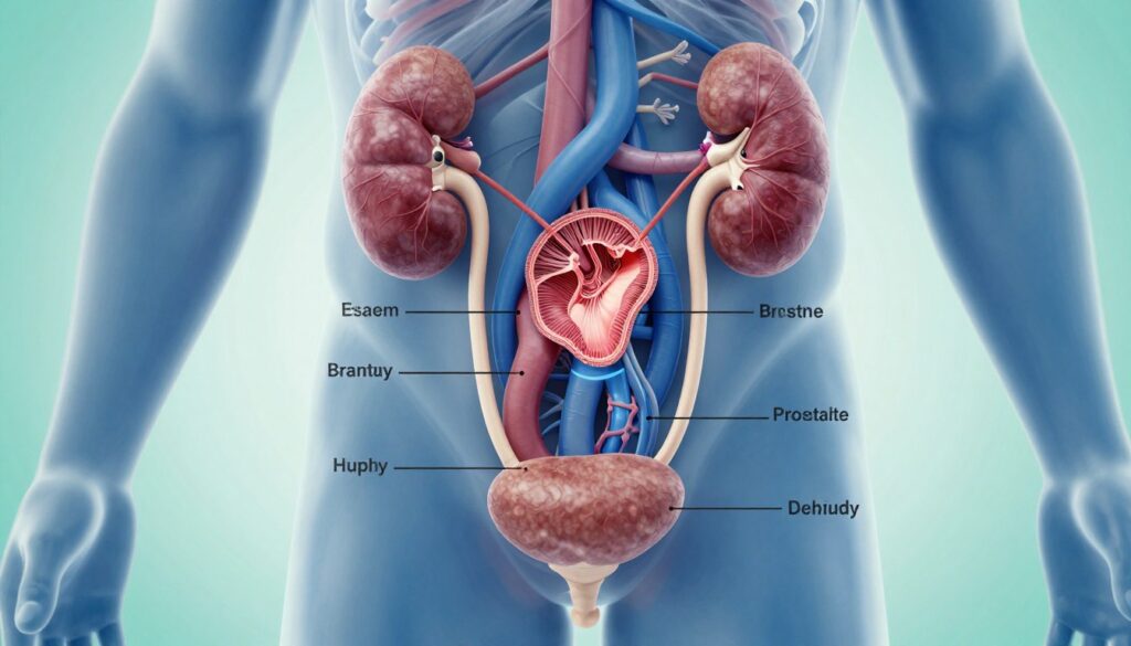 An anatomical illustration of a male urinary system, prominently featuring a detailed diagram of the prostate gland, situated at the center. The prostate should be shown in cross-section, highlighting its connection to the urinary tract. Surrounding this, include labels for the kidneys, bladder, and urethra, rendered with precision for educational clarity. The background should be softly blurred, focusing attention on the prostate while using a palette of calming blues and greens to convey a clinical atmosphere. The lighting is bright and even, reminiscent of a medical textbook illustration, with a slight shadow to add depth. The overall mood is informative and serious, aimed at educating the viewer on male health after forty.