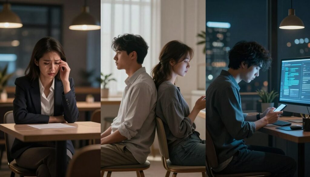 An artistic representation of the three types of betrayal: emotional, physical, and digital. In the foreground, three distinct scenes are illustrated side by side. On the left, a woman in professional attire with a pained expression, sitting alone in a dimly lit café, symbolizing emotional betrayal. In the center, a couple sitting together but turned away from each other, their body language tense and cold in a well-lit room, representing physical betrayal. On the right, a person in casual clothing, absorbed in their smartphone while sitting at a computer, showcasing digital betrayal with glowing screens illuminating their face in a darkened setting. The background features a blurred cityscape, enhancing the mood of solitude and conflict. Soft, diffused lighting casts a somber yet thought-provoking atmosphere. An artistic representation of the three types of betrayal: emotional, physical, and digital. In the foreground, three distinct scenes are illustrated side by side. On the left, a woman in professional attire with a pained expression, sitting alone in a dimly lit café, symbolizing emotional betrayal. In the center, a couple sitting together but turned away from each other, their body language tense and cold in a well-lit room, representing physical betrayal. On the right, a person in casual clothing, absorbed in their smartphone while sitting at a computer, showcasing digital betrayal with glowing screens illuminating their face in a darkened setting. The background features a blurred cityscape, enhancing the mood of solitude and conflict. Soft, diffused lighting casts a somber yet thought-provoking atmosphere.