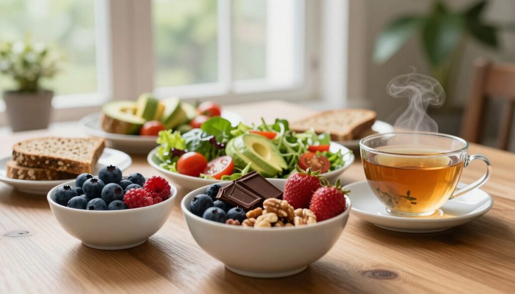 A beautifully arranged table filled with a variety of healthy foods known to reduce stress. In the foreground, a colorful bowl of fresh berries, nuts, and dark chocolate, alongside a calming herbal tea in an elegant cup. In the middle, a selection of vibrant salads with leafy greens, avocado, and cherry tomatoes, complemented by whole-grain bread. The background features soft, natural light streaming through a large window, creating a warm and inviting atmosphere. A hint of greenery from potted plants adds a touch of tranquility. The scene conveys a peaceful, rejuvenating mood, ideal for promoting wellness through diet. The perspective is slightly angled to showcase the abundance of food, inviting the viewer into this serene setting.