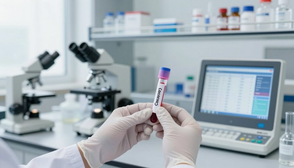 A bright, clean medical laboratory setting with a focus on blood test results showing calcium levels. In the foreground, a pair of professional hands in white gloves is holding a clear test tube filled with blood, labeled clearly. In the middle, a set of laboratory equipment such as microscopes, centrifuges, and a digital display unit showcasing numerical data regarding calcium levels. Soft lighting enhances the sterile environment, creating a sense of precision and focus. The background features shelves with neatly organized medical supplies and a large window allowing natural light to filter in, symbolizing hope and health. The overall mood is scientific and informative, reflecting the importance of monitoring calcium levels in relation to stress and mineral balance.