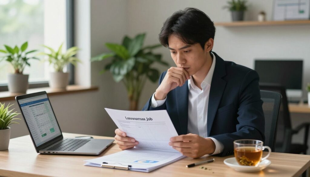 A business professional sits at a desk, thoughtfully reviewing a detailed plan for leaving a stressful job. The foreground features a neatly organized workspace with financial documents, a laptop displaying a spreadsheet, and a cup of herbal tea for relaxation. In the middle, the individual, dressed in professional business attire, appears focused yet contemplative, surrounded by plants that symbolize growth and wellness. The background showcases a cozy office environment with soft, natural light filtering through a window, creating an atmosphere of calm and reflection. The composition captures a balance of seriousness and hope, emphasizing the importance of self-care amidst career transitions, all while avoiding any distractions like text or extraneous visuals.