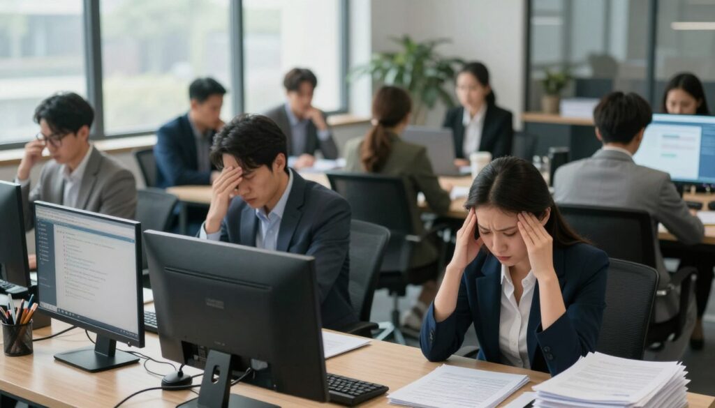 A busy office environment as the focal point, featuring a diverse group of employees expressing signs of stress. In the foreground, a woman in professional attire is sitting at her desk, her hands on her temples, a look of anxiety on her face. Nearby, a man in a suit appears overwhelmed, surrounded by stacks of documents and a computer screen filled with notifications. In the middle, an open meeting room shows a tense discussion among coworkers. In the background, large windows let in natural light, but the atmosphere feels strained, with shadows hinting at the pressure of deadlines. The overall mood should convey urgency and tension, emphasizing the mental strain of work-related stressors. A busy office environment as the focal point, featuring a diverse group of employees expressing signs of stress. In the foreground, a woman in professional attire is sitting at her desk, her hands on her temples, a look of anxiety on her face. Nearby, a man in a suit appears overwhelmed, surrounded by stacks of documents and a computer screen filled with notifications. In the middle, an open meeting room shows a tense discussion among coworkers. In the background, large windows let in natural light, but the atmosphere feels strained, with shadows hinting at the pressure of deadlines. The overall mood should convey urgency and tension, emphasizing the mental strain of work-related stressors.