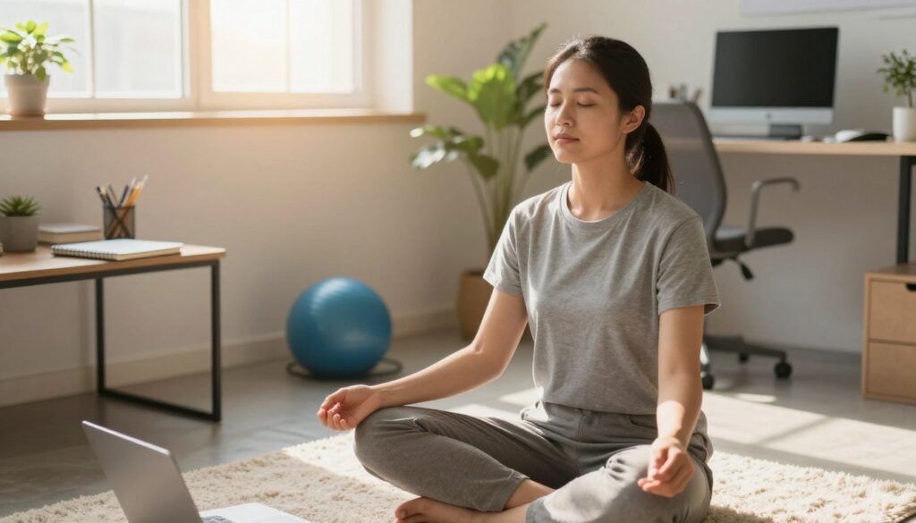 A calm and focused individual practicing mindfulness in a serene office environment, seated cross-legged on a plush rug with their eyes gently closed. The foreground features a peaceful expression on their face, embodying resilience and tranquility. In the middle ground, a desk cluttered with stress-management tools—like a journal, a stress ball, and a plant, showcasing a balanced workspace. The background shows a bright window letting in warm sunlight, illuminating the room with a soft golden glow. The atmosphere is soothing and inspiring, with natural light enhancing the sense of peace. Capture the scene from a slightly elevated angle to emphasize the individual’s serenity and the organized setting around them, highlighting the theme of managing stress effectively in the moment and for the long term. A calm and focused individual practicing mindfulness in a serene office environment, seated cross-legged on a plush rug with their eyes gently closed. The foreground features a peaceful expression on their face, embodying resilience and tranquility. In the middle ground, a desk cluttered with stress-management tools—like a journal, a stress ball, and a plant, showcasing a balanced workspace. The background shows a bright window letting in warm sunlight, illuminating the room with a soft golden glow. The atmosphere is soothing and inspiring, with natural light enhancing the sense of peace. Capture the scene from a slightly elevated angle to emphasize the individual’s serenity and the organized setting around them, highlighting the theme of managing stress effectively in the moment and for the long term.