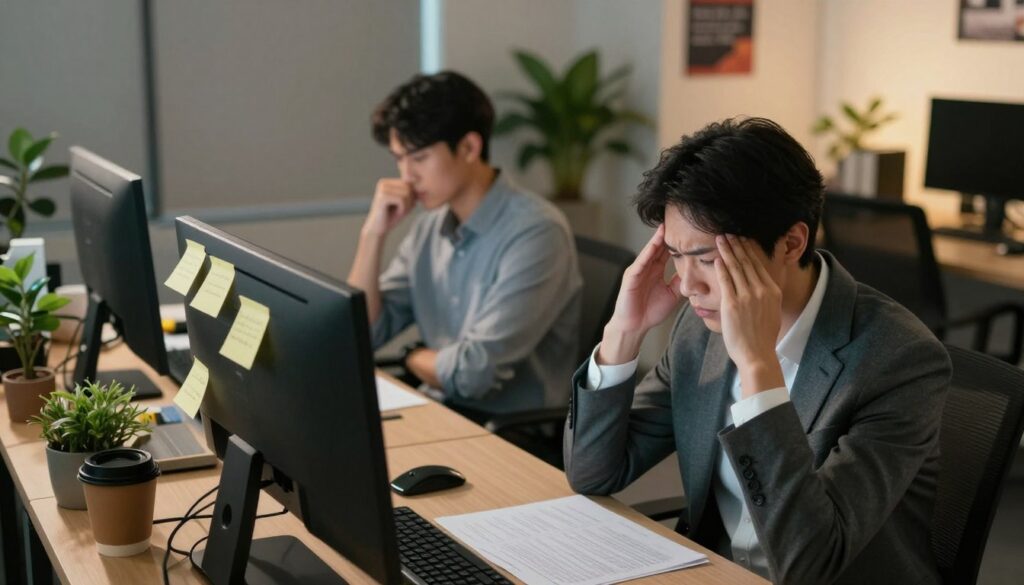 A calm yet slightly chaotic office environment depicting the subtle signs of stress that can be easily overlooked. In the foreground, a focused professional in business attire, rubbing their temples while looking at a computer screen cluttered with paperwork and reminders. In the middle ground, a colleague beside them exhibits physical manifestations of stress, such as biting nails and poor posture. The background shows a softly lit office with plants, coffee cups, and motivational posters, creating a contrast between a serene space and the tension felt by the individuals. The lighting should be warm, casting gentle shadows to emphasize the mood of silent struggle. The angle should be slightly overhead, allowing a comprehensive view of the workspace dynamics.