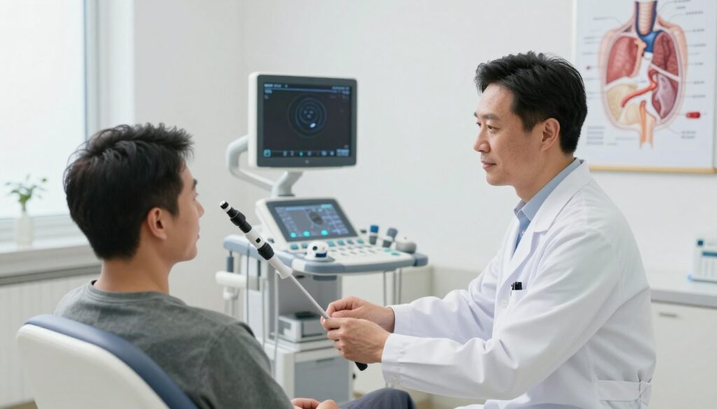 A clinical setting featuring a bright, well-lit examination room designed for esophageal diagnostics. In the foreground, a healthcare professional, dressed in a white lab coat, is examining a patient, who is seated comfortably in a chair, appearing calm and attentive. The middle ground showcases advanced diagnostic equipment, such as an endoscope and an ultrasound machine, neatly organized on a counter. In the background, a detailed chart or diagram of the esophagus and hiatal hernia is visible on the wall, enhancing the educational aspect of the scene. The mood is professional and reassuring, with soft, natural light illuminating the room, conveying a sense of care and expertise in diagnosing reflux and hiatal hernia conditions. A clinical setting featuring a bright, well-lit examination room designed for esophageal diagnostics. In the foreground, a healthcare professional, dressed in a white lab coat, is examining a patient, who is seated comfortably in a chair, appearing calm and attentive. The middle ground showcases advanced diagnostic equipment, such as an endoscope and an ultrasound machine, neatly organized on a counter. In the background, a detailed chart or diagram of the esophagus and hiatal hernia is visible on the wall, enhancing the educational aspect of the scene. The mood is professional and reassuring, with soft, natural light illuminating the room, conveying a sense of care and expertise in diagnosing reflux and hiatal hernia conditions.