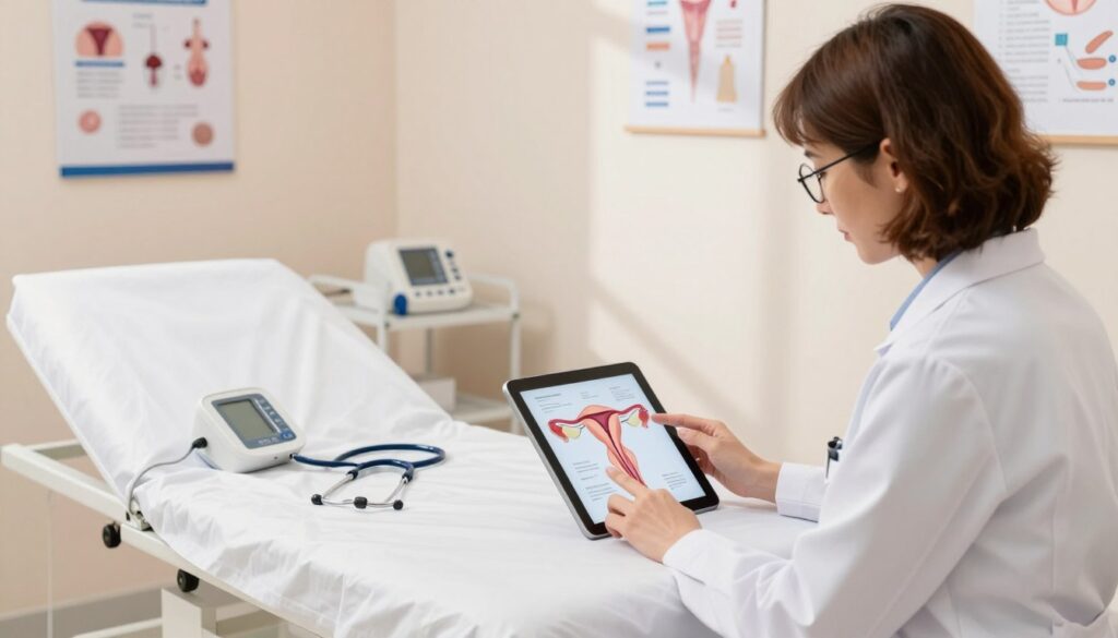 A clinical setting featuring a bright, well-lit medical examination room. In the foreground, a professional female gynecologist in a white lab coat, with short brown hair and glasses, is examining a colorful diagram of the female reproductive system on a tablet. The middle layer showcases a clean examination table draped with a crisp white sheet, alongside medical instruments such as a stethoscope and a digital blood pressure monitor. In the background, soft pastel-colored walls adorned with medical charts and educational posters provide a calming atmosphere. Soft diffused lighting casts gentle shadows, creating a reassuring and serious mood. The overall composition reflects a sense of professionalism and care in the field of gynecology, encouraging a feeling of trust and safety in medical diagnostics.