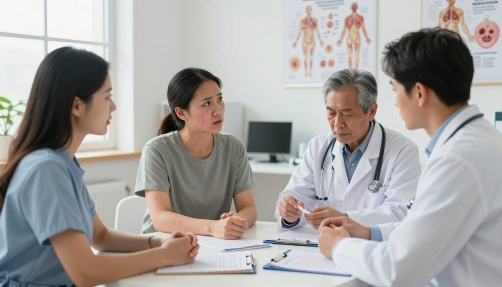 A clinical setting focused on the diagnosis of stress-induced urticaria. In the foreground, a diverse group of three healthcare professionals—two in professional business attire and one in modest casual clothing—converses around a desk filled with medical charts and diagnostic tools. In the middle ground, a patient sits with visible skin reactions, looking concerned yet attentive, while a doctor examines a skin test with a calm demeanor. The background features a well-lit, organized medical room with anatomical charts and health posters about stress-related skin conditions. Soft, natural lighting filters through a window, creating a comforting atmosphere that balances professionalism and empathy, capturing the essence of thorough diagnostics in dermatology.