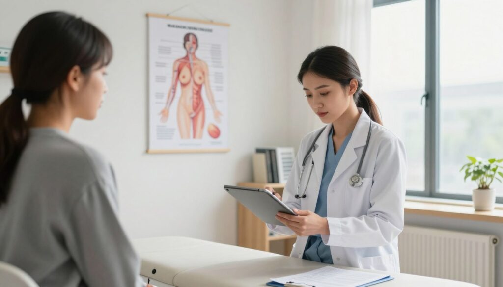 A clinically designed medical office setting, with a focus on a consultation room. In the foreground, a diverse, professional-looking female doctor in business attire is standing beside a medical examination table, reviewing patient records on a digital tablet. The middle ground features anatomical posters on the walls, depicting the human breast anatomy and diagrams of the breast examination process. Soft, natural lighting streams through a large window, creating a calm and reassuring atmosphere. In the background, a well-organized shelf holds medical books and research journals, emphasizing evidence-based practices. The overall mood is professional and informative, conveying the importance of understanding the medical research options related to nipple discharge.
