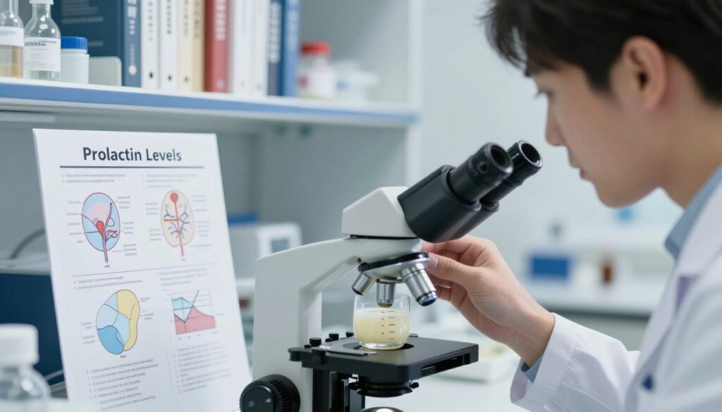A close-up composition depicting a professional laboratory environment focused on the physiological aspects of stress and its effects on prolactin levels. In the foreground, a lab technician in a white lab coat observes a sample of breast milk under a microscope, showcasing the connection between stress and physiological responses. The middle ground features medical charts on prolactin and lactation, with detailed diagrams illustrating the hormonal pathways. The background contains shelves filled with scientific books and lab equipment, illuminated by soft, natural light, creating a calm yet inquisitive atmosphere. The overall mood is focused and enlightening, embodying the theme of scientific exploration and discovery related to stress and hormonal changes.