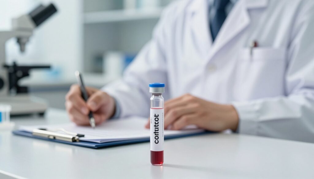 A close-up composition focusing on a clear vial of blood test results for cortisol levels, prominently displayed in the foreground. The vial, labeled with scientific markers, stands on a sleek laboratory table with a soft, diffused light emphasizing the transparency of the glass. In the middle ground, a professional medical worker in a white lab coat examines a clipboard with data, creating a sense of thoroughness and care. The background features softly blurred laboratory instruments, hinting at a high-tech environment. The overall atmosphere is clinical yet inviting, imbued with a sense of professionalism and trustworthiness. Soft, balanced lighting creates a calm and focused mood, suitable for a medical article.