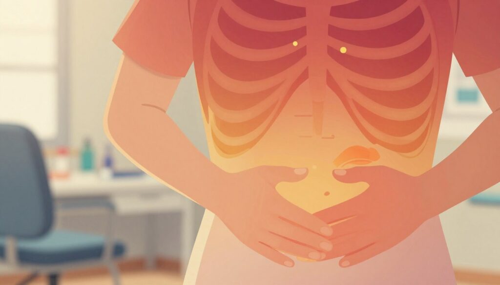 A close-up illustration of a human torso focusing on the area below the ribs, depicting varying pain sensations. Use distinct visual symbols to represent the different types of pain: sharp, dull, stabbing, and radiating. The foreground features a silhouette of the abdomen, with anatomical outlines and color gradients indicating intensity and type of pain. The middle ground shows a lightly blurred background of a calm medical office, illuminated by soft, warm lighting that creates a serene atmosphere. Use a shallow depth of field to emphasize the torso while maintaining the context of a professional setting. The mood is informative and empathetic, aiming to convey clarity and understanding of the subject matter without any text or distractions. A close-up illustration of a human torso focusing on the area below the ribs, depicting varying pain sensations. Use distinct visual symbols to represent the different types of pain: sharp, dull, stabbing, and radiating. The foreground features a silhouette of the abdomen, with anatomical outlines and color gradients indicating intensity and type of pain. The middle ground shows a lightly blurred background of a calm medical office, illuminated by soft, warm lighting that creates a serene atmosphere. Use a shallow depth of field to emphasize the torso while maintaining the context of a professional setting. The mood is informative and empathetic, aiming to convey clarity and understanding of the subject matter without any text or distractions.