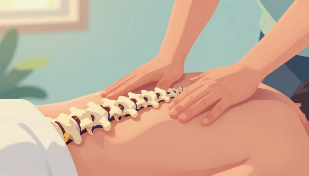 A close-up illustration of a visibly tense human spine, depicted in a stylized manner to convey stress. The spine, placed in the foreground, shows a slightly distorted shape, emphasizing tension with intricate details of vertebrae and surrounding muscles. In the middle ground, gentle hands are seen performing a relaxing massage technique on the lower back, illustrating the concept of self-care and relaxation. The background features a serene environment with soft, calming colors, such as light blues and greens, to evoke a peaceful atmosphere. Soft natural light filters in, creating a warm glow. The scene is devoid of any text or distractions, focusing entirely on the subject of tension relief in daily life.
