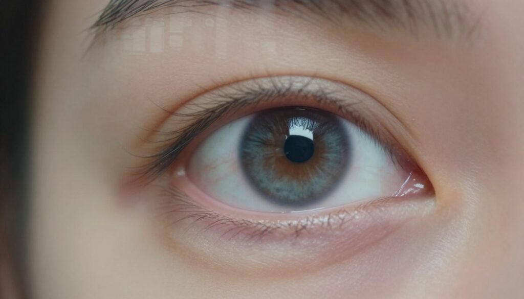 A close-up image of a human eye with a subtle distortion effect, illustrating visual disturbances associated with potential health issues. In the foreground, focus on the eye, showing vibrant colors and intricate details like the iris and pupil, slightly blurred to depict the feeling of disorientation. In the middle ground, incorporate a faint overlay of blurred geometric shapes to further illustrate confusion in vision. The background should be softly blurred, evoking a sense of uncertainty, with gentle lighting highlighting the eye. Use a shallow depth of field to create intimacy and urgency, and maintain a calm yet alert mood that conveys the seriousness of visual symptoms.