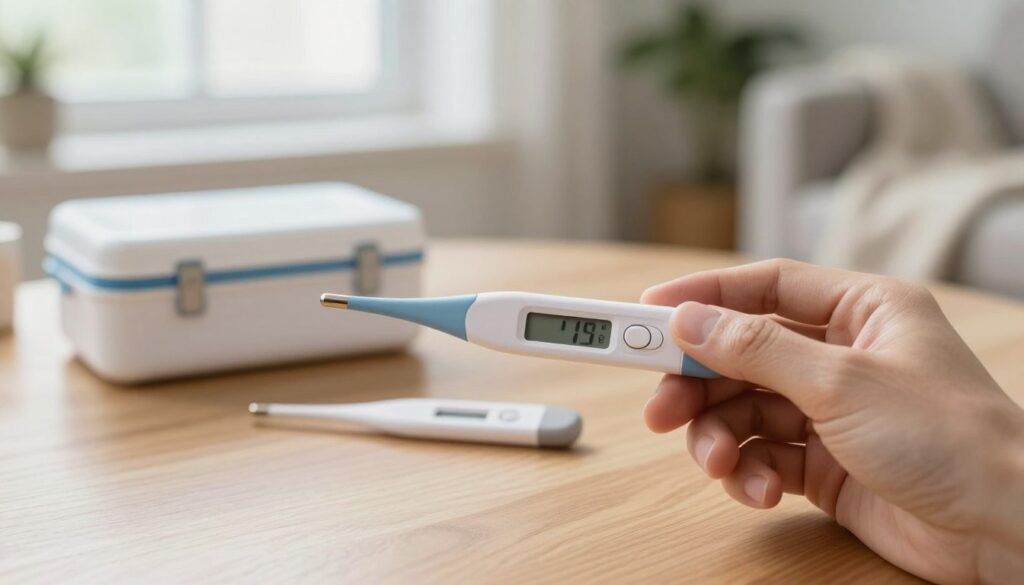 A close-up of a digital thermometer displaying a temperature reading, set on a wooden table with a blurred medical kit in the background. In the foreground, a professional-looking hand gently holds the thermometer, showcasing a concern for health. Soft natural light filters through a window, creating a calm and focused atmosphere. The color palette consists of warm tones to evoke a sense of comfort while suggesting seriousness. Behind, hints of a home environment, like a plant and a cozy blanket, add a personal touch, reflecting the concept of monitoring body temperature at home. The overall mood is informative yet reassuring, emphasizing the importance of understanding body temperature in relation to health conditions. A close-up of a digital thermometer displaying a temperature reading, set on a wooden table with a blurred medical kit in the background. In the foreground, a professional-looking hand gently holds the thermometer, showcasing a concern for health. Soft natural light filters through a window, creating a calm and focused atmosphere. The color palette consists of warm tones to evoke a sense of comfort while suggesting seriousness. Behind, hints of a home environment, like a plant and a cozy blanket, add a personal touch, reflecting the concept of monitoring body temperature at home. The overall mood is informative yet reassuring, emphasizing the importance of understanding body temperature in relation to health conditions.