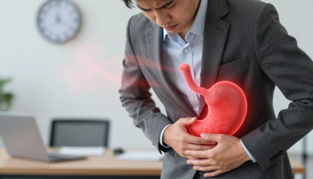 A close-up of a human stomach highlighted with glowing red areas to indicate discomfort and stress-related symptoms. Surround the stomach with visual metaphors for stress, like swirling clouds in soft, muted colors to evoke tension. In the background, gently blurred imagery of an office environment, emphasizing a high-pressure workplace. The lighting should be soft and diffused, creating an atmosphere of unease but also clarity. A professional individual, dressed in smart business attire, is holding their stomach with a concerned expression, reflecting the physical impact of stress on gastrointestinal health. Include subtle elements like a clock showing time passing, symbolizing the urgency of addressing these symptoms. The overall mood should be serious yet informative, focusing on the connection between stress and gastrointestinal issues without any text or distractions.