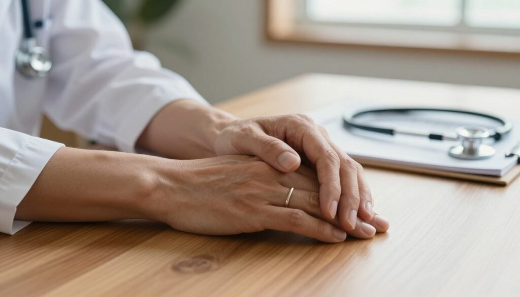 A close-up of a pair of hands showing visible tremors, resting on a polished wooden table in a softly lit doctor's office. The hands are adorned with a simple, elegant ring, conveying a sense of professionalism. In the background, a blurred medical chart and a stethoscope are subtly positioned to indicate a clinical environment. Warm, natural light filters through a window, creating a calming atmosphere that contrasts with the visible signs of stress. The focus is on the hands, emphasizing the tremors, while the background remains soft to highlight the seriousness of the situation. The mood is contemplative and serious, portraying a moment of reflection before a medical consultation. A close-up of a pair of hands showing visible tremors, resting on a polished wooden table in a softly lit doctor's office. The hands are adorned with a simple, elegant ring, conveying a sense of professionalism. In the background, a blurred medical chart and a stethoscope are subtly positioned to indicate a clinical environment. Warm, natural light filters through a window, creating a calming atmosphere that contrasts with the visible signs of stress. The focus is on the hands, emphasizing the tremors, while the background remains soft to highlight the seriousness of the situation. The mood is contemplative and serious, portraying a moment of reflection before a medical consultation.