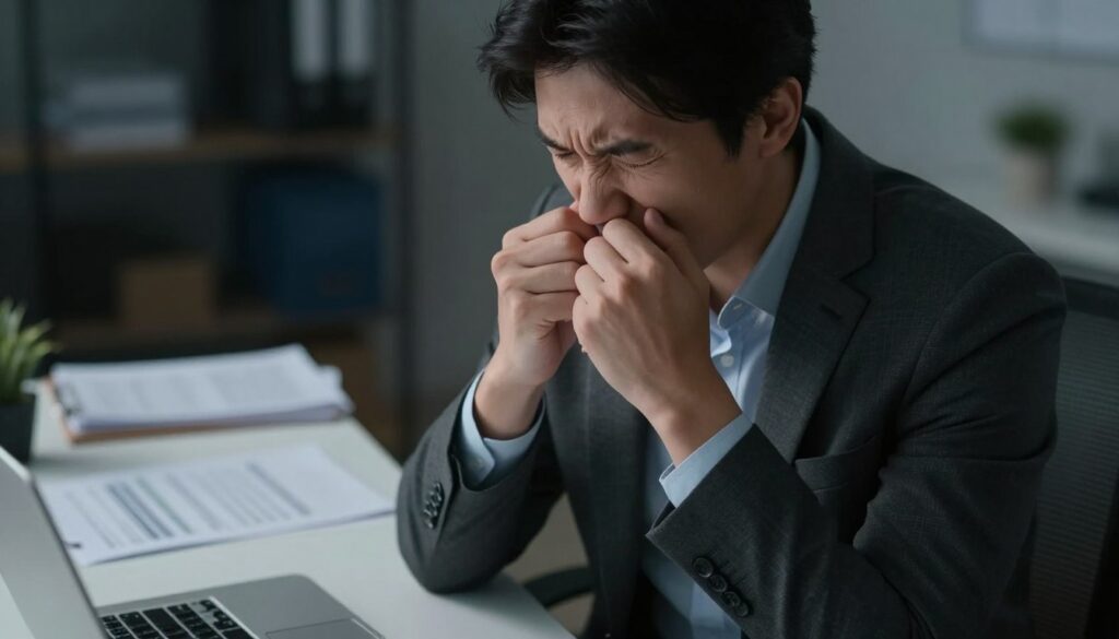 A close-up of a person sitting at a desk, illustrating the symptoms of anxiety and hyperventilation associated with stress-induced tetany. The individual, dressed in professional business attire, has a furrowed brow and clenched hands, with their breath visibly shallow. In the middle ground, a cluttered desk with papers and a laptop suggests overwhelming work pressure. The background shows a dimly lit office space, conveying a tense and anxious atmosphere, with soft shadows and cooler tones to enhance the feeling of stress. The lighting should be focused on the subject, with a shallow depth of field to isolate the person from the surroundings, creating a sense of urgency and emotional weight.