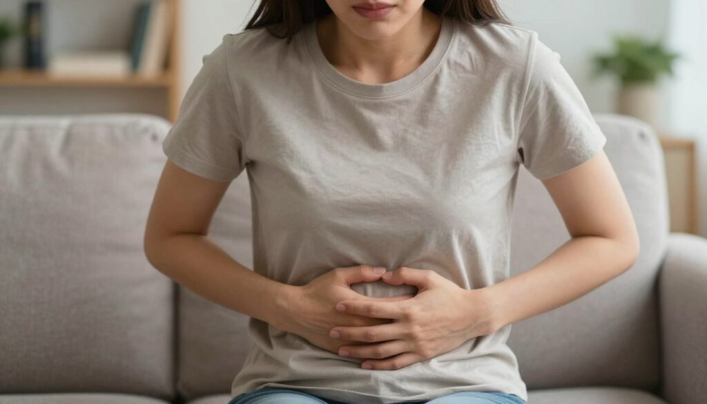 A close-up of a person sitting on a couch, appearing visibly distressed, clutching their stomach as they experience discomfort from stress-induced nausea. The foreground features their hands gripping their abdomen, highlighting a sense of pain. In the middle, a faint outline of a cozy living room setting is visible, with warm lighting creating a comforting atmosphere yet contrasting with the subject's expression. The background showcases soft, blurred details of a bookshelf and a potted plant, emphasizing a peaceful home environment. The overall mood conveys tension and unease, reflecting the internal struggle of stress-related physical symptoms, captured with a soft focus to enhance emotional depth. The image should utilize natural light, enforcing a realistic and intimate feel.
