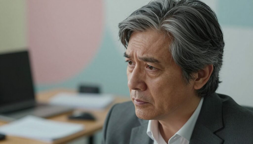 A close-up of a person with streaks of gray hair prominently visible, representing stress-induced graying. The individual, a middle-aged professional dressed in smart, modest business attire, gazes thoughtfully into the distance, showcasing a mix of concern and reflection. In the foreground, the focus is on their hair, with the gray strands catching the soft, diffused light, highlighting the contrast against the darker hair. In the middle ground, a subtle blur of an office environment can be seen, hinting at a stressful work atmosphere with scattered papers and a dimly lit desk. The background features calming pastel colors, suggesting a sense of introspection amidst chaos. The overall mood is serious yet contemplative, evoking the emotional weight of stress on one's appearance.