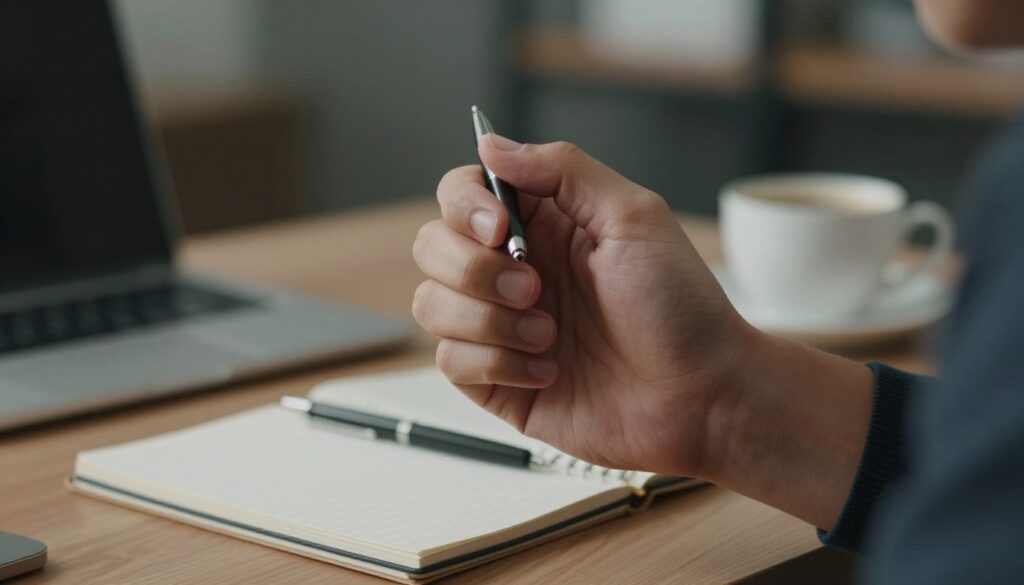 A close-up of a person's trembling hand, subtly shaking, set against a blurred office background to illustrate stress. The hand should be positioned in the foreground, grasping a pen and showing slight movement, capturing the essence of essential tremor. The middle ground features a softly lit desk with a notepad and a cup of coffee, suggesting a busy work environment. The background is dimly illuminated, hinting at a professional atmosphere with muted colors to evoke a sense of anxiety and urgency. The lighting should be warm yet subdued, emphasizing the tension in the hand. Overall, the mood should reflect a quiet yet palpable sense of struggle and the search for control amidst stress. A close-up of a person's trembling hand, subtly shaking, set against a blurred office background to illustrate stress. The hand should be positioned in the foreground, grasping a pen and showing slight movement, capturing the essence of essential tremor. The middle ground features a softly lit desk with a notepad and a cup of coffee, suggesting a busy work environment. The background is dimly illuminated, hinting at a professional atmosphere with muted colors to evoke a sense of anxiety and urgency. The lighting should be warm yet subdued, emphasizing the tension in the hand. Overall, the mood should reflect a quiet yet palpable sense of struggle and the search for control amidst stress.