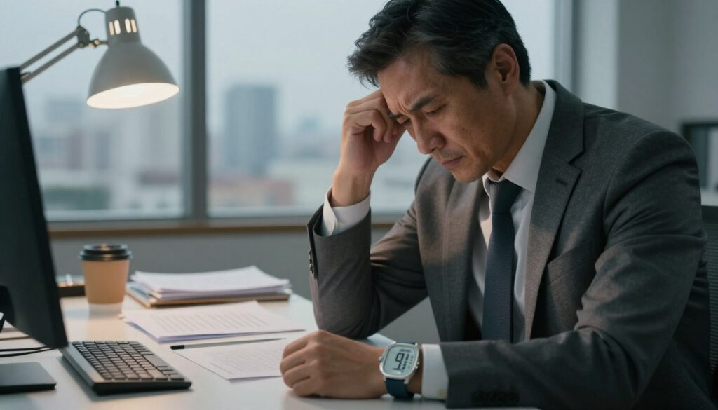 A close-up of a professional, middle-aged individual in business attire, appearing slightly stressed as they sit at a cluttered desk in an office environment. The foreground features a watch displaying a high blood pressure reading. In the middle ground, scattered papers and a coffee cup represent a busy work life. In the background, a window reveals a cityscape under a gray sky, indicating a gloomy atmosphere. Soft, diffused lighting from a desk lamp creates a contrast with shadowy corners, emphasizing the subject's tense facial expression. The overall mood conveys the relationship between stress and elevated blood pressure, capturing the urgency and seriousness of the topic. The image should be clean and free of any text or watermarks.