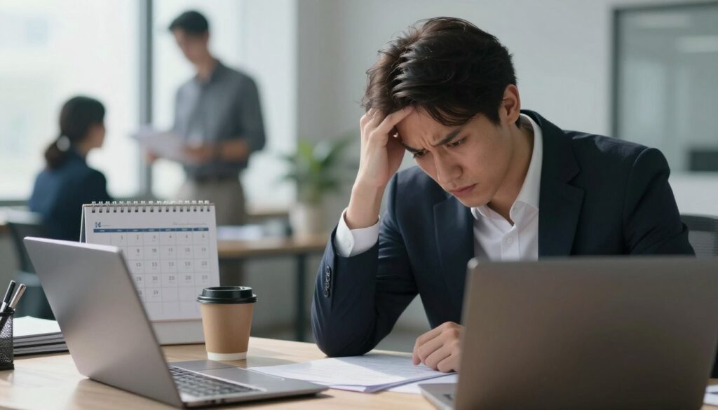 A close-up of a stressed individual in a modern office environment, sitting at a desk cluttered with paperwork and a laptop. The person, dressed in professional attire, has a worried expression, with furrowed brows and a hand on their head, symbolizing mental strain. In the middle ground, a calendar marked with deadlines and a coffee cup, partially empty, adds to the sense of pressure. Soft, natural lighting filters through a window, casting gentle shadows and creating a serene yet tense atmosphere. In the background, a blurry silhouette of a co-worker discussing a project, further emphasizing the busy work environment. The overall mood is a blend of anxiety and the search for calm, highlighting the unseen signs of stress.