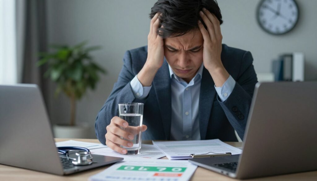 A close-up of a worried individual in a professional business setting, seated at a desk cluttered with medical documents and a laptop, their expression reflecting anxiety and discomfort. In the foreground, focus on their tense hands, gripping a glass of water. The middle ground features stress-related elements like a stethoscope and digestive health pamphlets, hinting at the theme of differentiating symptoms. The background reveals a softly lit office with calming colors, a potted plant, and a clock showing that time is running out, enhancing the atmosphere of urgency and concern. Use soft lighting to create a subtle, empathetic mood that emphasizes the physical manifestations of stress while remaining respectful and professional. A close-up of a worried individual in a professional business setting, seated at a desk cluttered with medical documents and a laptop, their expression reflecting anxiety and discomfort. In the foreground, focus on their tense hands, gripping a glass of water. The middle ground features stress-related elements like a stethoscope and digestive health pamphlets, hinting at the theme of differentiating symptoms. The background reveals a softly lit office with calming colors, a potted plant, and a clock showing that time is running out, enhancing the atmosphere of urgency and concern. Use soft lighting to create a subtle, empathetic mood that emphasizes the physical manifestations of stress while remaining respectful and professional.