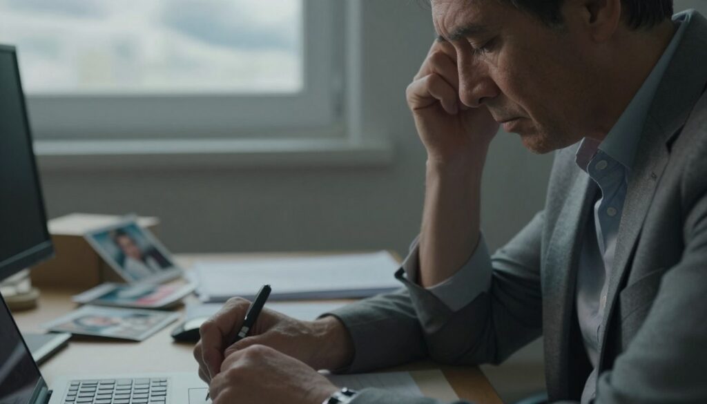 A close-up portrayal of a person in a serene but slightly tense environment, illustrating the subtle signs of PTSD. In the foreground, a middle-aged individual wearing modest business attire sits at a desk, with a pensive expression, fingers fidgeting with a pen. The soft lighting casts gentle shadows, enhancing the mood of introspection. In the middle background, a cluttered workspace with personal items symbolizes chaotic thoughts—photographs and papers slightly disarrayed. In the distant background, a window shows a cloudy sky, reflecting the internal struggle and emotional weight. The atmosphere feels heavy yet contemplative, inviting viewers to connect with the complexities of mental health without direct depictions of distress.