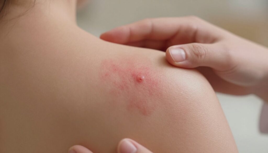 A close-up portrayal of a skin rash, specifically "pokrzywka," depicted on healthy human skin. The foreground features a detailed view of the rash with distinct redness and raised welts, emphasizing textures and subtle nuances in color. The middle ground includes a hand gently touching the skin, suggesting a sense of concern or discomfort. The background is softly blurred with a warm, gentle lighting that conveys a clinical yet approachable atmosphere. Use a shallow depth of field to keep the focus on the rash while the rest of the scene remains subtly out of focus. The overall mood should evoke a feeling of seriousness and urgency, suitable for a medical discussion.