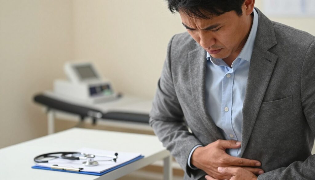 A close-up view of a concerned individual in a doctor's office, displaying subtle signs of discomfort. The foreground features the person, dressed in professional attire, with a worried expression on their face, hands resting on their abdomen. In the middle ground, a medical chart and a stethoscope are visible, suggesting a clinical environment. In the background, the soft focus is on a doctor's examination room, complete with neutral-toned walls and medical equipment, enhancing the atmosphere of urgency. The lighting is warm, creating a sense of empathy and seriousness. The scene conveys a mood of concern, emphasizing the importance of recognizing alarming symptoms that require prompt medical attention.