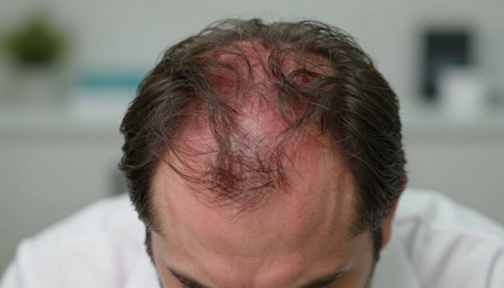 A close-up view of a human scalp displaying signs of inflammation and stress-related skin conditions. The foreground features a well-groomed individual with medium-length hair, wearing a white, professional business shirt. The scalp exhibits redness and patchiness, suggesting irritation. In the middle ground, soft but focused lighting highlights the details of the scalp texture and hair follicles. The background is softly blurred, creating a clinical atmosphere, perhaps resembling a dermatologist's office, with muted colors and gentle tones. A serene, yet serious mood prevails, emphasizing the importance of scalp health in relation to stress. The camera angle is slightly angled down to capture the scalp's surface details effectively. A close-up view of a human scalp displaying signs of inflammation and stress-related skin conditions. The foreground features a well-groomed individual with medium-length hair, wearing a white, professional business shirt. The scalp exhibits redness and patchiness, suggesting irritation. In the middle ground, soft but focused lighting highlights the details of the scalp texture and hair follicles. The background is softly blurred, creating a clinical atmosphere, perhaps resembling a dermatologist's office, with muted colors and gentle tones. A serene, yet serious mood prevails, emphasizing the importance of scalp health in relation to stress. The camera angle is slightly angled down to capture the scalp's surface details effectively.