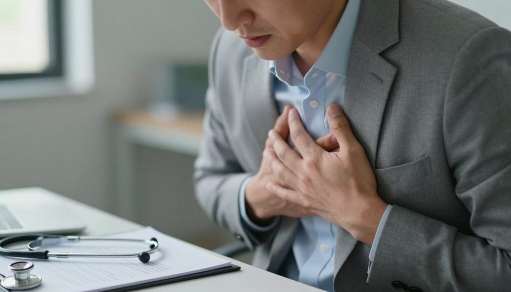 A close-up view of a human torso in a professional setting, depicting signs of chest discomfort. The foreground features a concerned individual in business attire, gently holding their chest with an expression of anxiety. The middle ground shows a soft-focus medical environment, suggesting urgent care, with a stethoscope and a medical chart on a nearby table. The background is slightly blurred, hinting at a clinical setting with muted colors that convey seriousness. Natural light filters in through a window, casting soft shadows and creating an atmosphere of tension mixed with hope. The image should evoke a sense of urgency and concern while remaining professional and respectful.