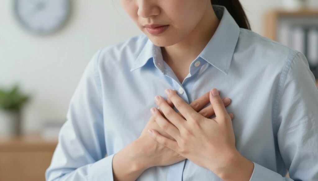 A close-up view of a person gently holding their chest with a concerned expression, illustrating the sensation of chest pain. The foreground focuses on the person's upper body, dressed in a professional business shirt, while their hand rests over the heart area, indicating discomfort. Surrounding them, a soft, blurred background of a calm office setting, with warm lighting, creating a serene atmosphere. Subtle elements such as a clock on the wall and a plant can be included to evoke a stress-filled environment. The mood should be thoughtful and introspective, emphasizing the contrast between stress-induced discomfort and underlying medical concerns. The image should be devoid of any text, ensuring a clear focus on the subject's expression and setting.