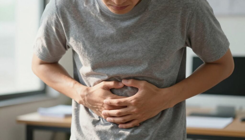 A close-up view of a person holding their stomach with a pained expression, reflecting discomfort due to stress-induced symptoms. The foreground features hands clutching a midsection, emphasizing tension and unease. In the middle, a soft focus backdrop reveals a calm office setting, with blurred outlines of stress-inducing elements like a computer and paperwork subtly suggested, representing a relatable work environment. Warm, natural lighting streams in from a window, casting gentle shadows that add depth to the scene. The overall mood conveys a sense of urgency but also hints at eventual relief, capturing the complexity of stress and its physical manifestations. The image should not include any text or watermarks.
