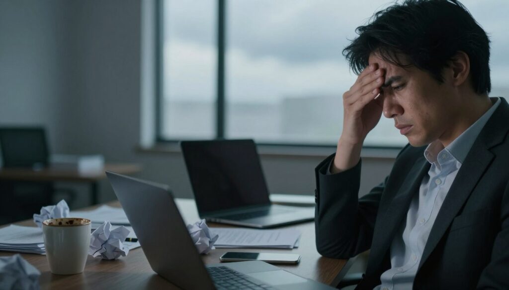 A close-up view of a person seated in a minimalist, softly lit office environment, looking distressed with a hand on their forehead and a look of nausea on their face. The individual, dressed in professional business attire, is positioned in the foreground, emphasizing their discomfort. In the middle, a small desk cluttered with stress-related items like a laptop, crumpled papers, and a half-empty coffee cup, conveys a chaotic atmosphere. The background features a blurred window with a cloudy sky, suggesting a gloomy day. The lighting is soft yet dramatic, highlighting the person's expression and creating a moody, tense ambiance that reflects the overwhelming nature of stress-induced nausea and vomiting.
