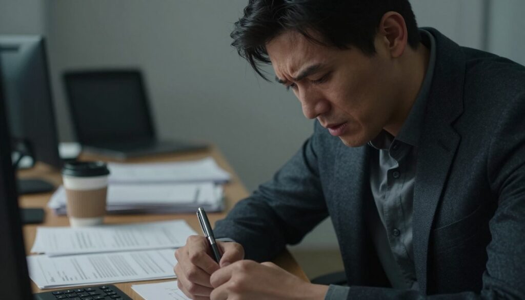 A close-up view of a person sitting in a professional office setting, visibly stressed, with subtle signs of anxiety on their face. The foreground features their hands tightly gripping a pen, while their furrowed brow and slightly parted lips express tension. In the middle ground, a cluttered desk holds scattered papers and an overflowing coffee cup, indicating a heavy workload. The background shows a blurred office space with muted colors, enhancing the somber mood. The lighting is soft yet dramatic, casting gentle shadows that highlight the person's expression. The overall atmosphere conveys a sense of urgency and discomfort, emphasizing the physical and mental symptoms of stress.