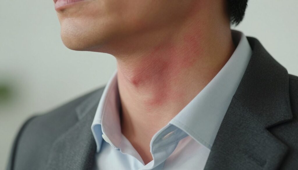 A close-up view of a person’s neck showing subtle, reddish patches that suggest skin reaction due to stress. The subject is dressed in a smart, professional outfit with a collared shirt. The background is softly blurred to emphasize the skin condition, resembling a soothing, light-colored environment, hinting at a calm and serene atmosphere. The lighting is soft and warm, highlighting the textures of the skin and creating a sense of vulnerability intertwined with professionalism. The mood is contemplative, reflecting the internal struggle of stress. The angle focuses on the neck area, capturing the vivid details of the redness while ensuring the subject appears poised and composed.