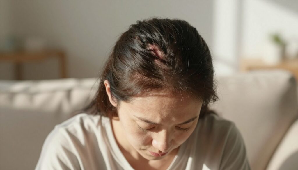 A close-up view of a person’s scalp exhibiting signs of telogen effluvium, featuring visible thinning hair and patches of scalp. The individual is a Caucasian female in her 30s, wearing a modest casual shirt, sitting in a well-lit room that conveys a calm and introspective atmosphere. The background consists of soft focus with warm tones, suggesting a relaxing environment. Natural light streams in through a nearby window, casting gentle shadows that enhance the texture of the hair and scalp. The image should evoke a sense of contemplation and understanding regarding hair loss, with an emphasis on the human connection to the topic. A close-up view of a person’s scalp exhibiting signs of telogen effluvium, featuring visible thinning hair and patches of scalp. The individual is a Caucasian female in her 30s, wearing a modest casual shirt, sitting in a well-lit room that conveys a calm and introspective atmosphere. The background consists of soft focus with warm tones, suggesting a relaxing environment. Natural light streams in through a nearby window, casting gentle shadows that enhance the texture of the hair and scalp. The image should evoke a sense of contemplation and understanding regarding hair loss, with an emphasis on the human connection to the topic.