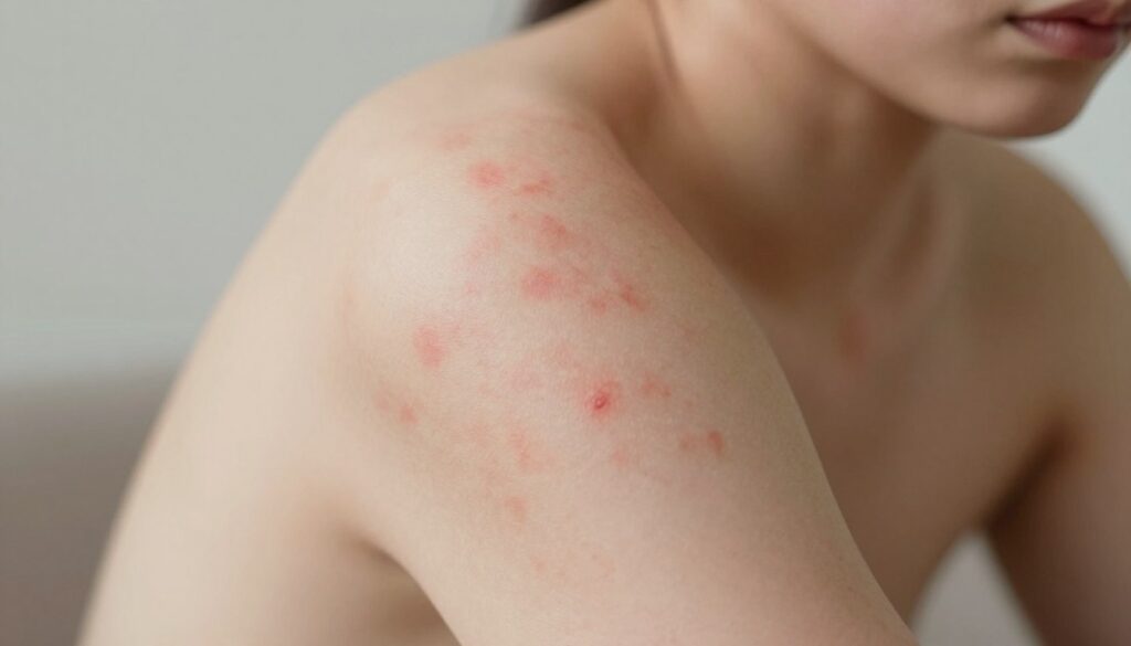 A close-up view of a person's skin displaying symptoms of urticaria, or hives, illustrating raised, red welts on various areas of the body like the arms and shoulders against a softly blurred, neutral background. The skin shows variations in tone, highlighting the inflammation and texture. The lighting is soft and diffused, mimicking natural daylight to enhance the detail of the skin texture without harsh shadows. The atmosphere is clinical yet calm, evoking a sense of awareness about the condition. Include subtle indications of stress, such as a faint furrowed brow in the background, without depicting any explicit emotions or expressions. The focus should remain on the skin and its symptoms, with no additional distractions.