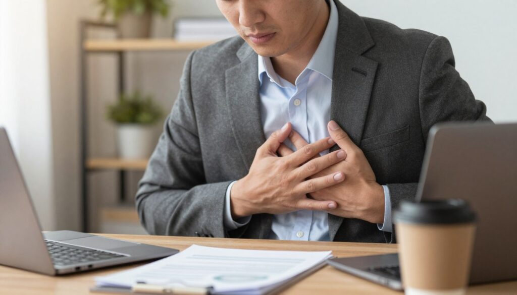 A close-up view of a professional person in business attire, seated at a cluttered desk, with a look of concern on their face while holding their chest, indicating discomfort. The foreground features the person’s hands gently pressed against their sternum, portraying an element of anxiety. In the middle ground, a desk filled with papers, a laptop, and a coffee cup conveys the stress-inducing environment. The background includes soft, blurred office elements - shelves and plants - to create a calming effect contrasting the foreground tension. The lighting is warm, with natural light filtering through a window, creating a serene atmosphere that contrasts with the subject's stress. The overall mood is one of introspection and awareness of the impact of stress on the body.