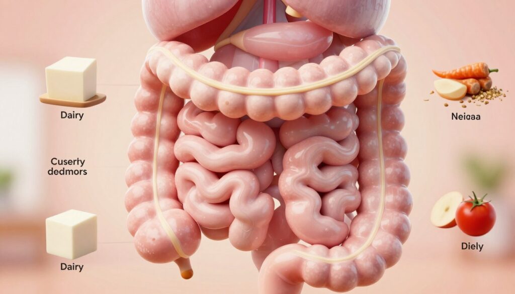 A close-up view of a stylized representation of the human digestive system, focusing on the intestines in a soft, pastel color palette. In the foreground, an anatomically accurate model of the intestines, slightly illuminated to highlight the contours and textures, symbolizing health and balance. In the middle ground, abstract representations of common non-stress related causes of gastrointestinal discomfort, like food items (dairy, gluten, spicy foods) artistically arranged around the intestine model, in a whimsical yet informative manner. The background is softly blurred with warm, inviting light, creating a calming atmosphere. The entire image conveys a sense of exploration into digestive health, with a professional, educational tone, emphasizing clarity and understanding.