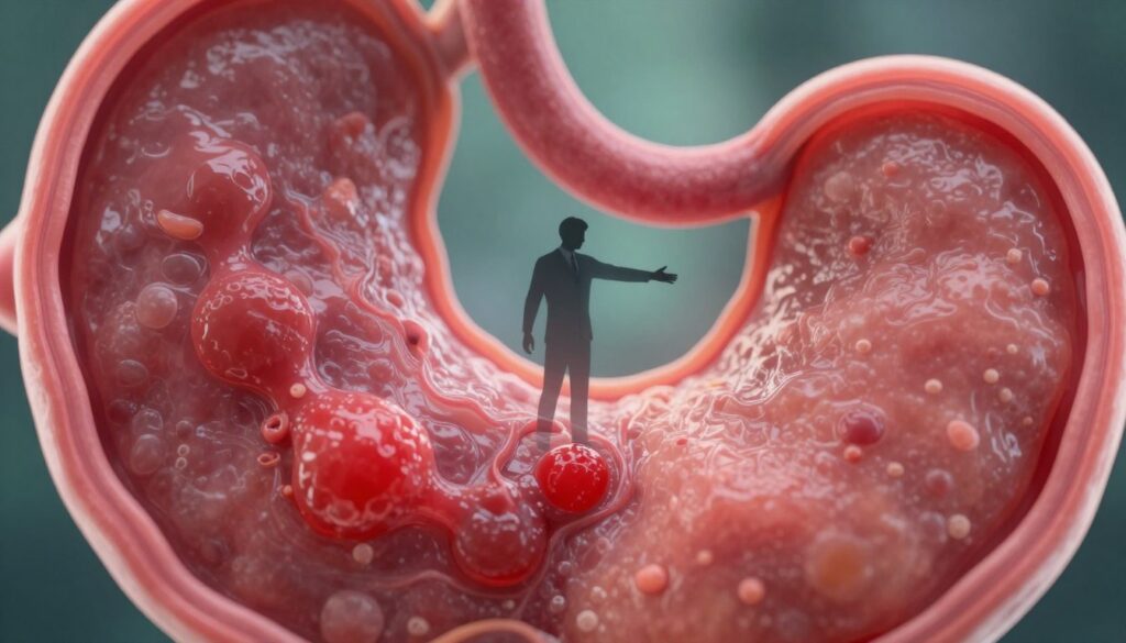 A close-up view of the stomach's mucous membrane affected by stress, showcasing a vivid contrast between healthy and inflamed tissue. In the foreground, highlight the textured surface of the mucosa in rich shades of pink and red, illustrating the physiological effects of stress. In the middle ground, a subtle image of a human silhouette reaches out, dressed in professional attire, symbolizing the relationship between stress and gastric health. The background should be softly blurred, using calming greens and blues to evoke a sense of tranquility despite the turmoil depicted in the foreground. The lighting should be soft and focused, with a warm hue to give a sense of hope and healing, while using a macro lens effect to capture the intricate details of the stomach lining.